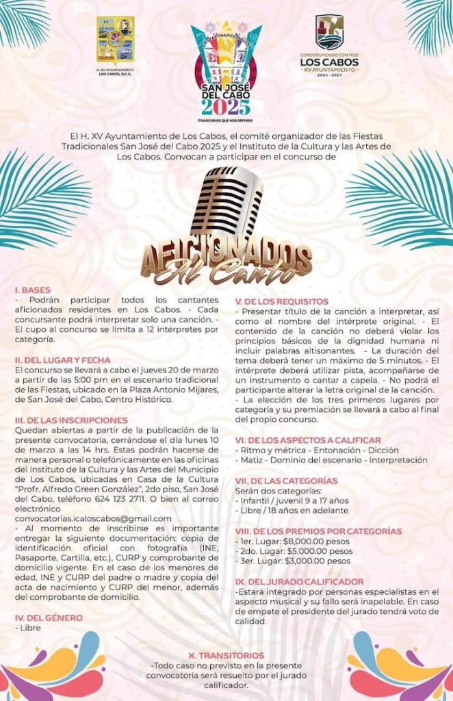 Convocan a participar en el Concurso de Aficionados al Canto en San José del Cabo; inscripciones abiertas