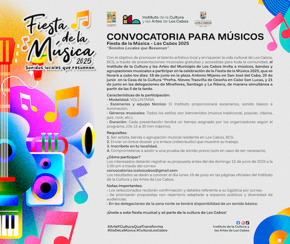 Invitan a artistas emergentes y consolidados a participar en la Fiesta de la Música Los Cabos 2025